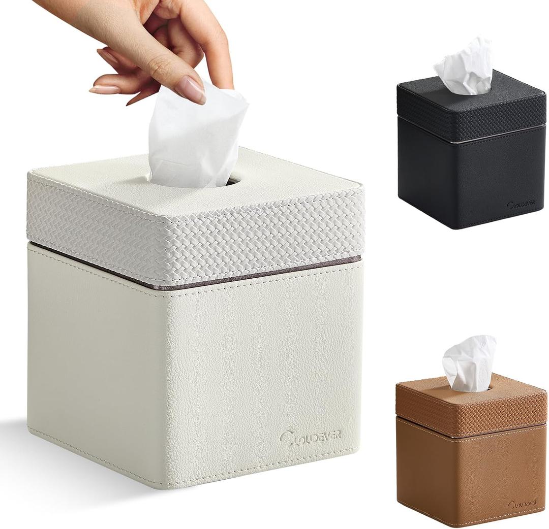 Tissue Box Holder Cover, Modern PU Leather Square Decorative Tissue Holder Organizer-Woven New Off White