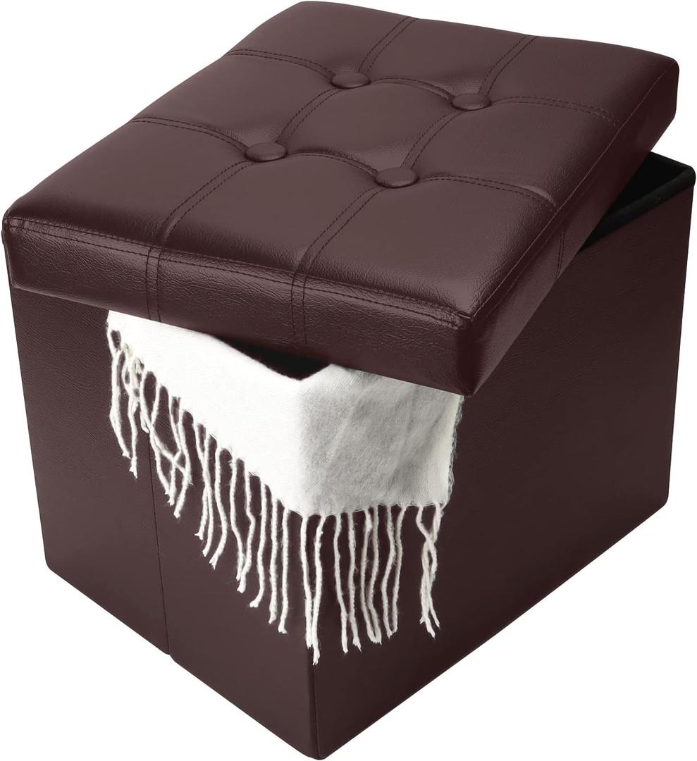 Storage Ottoman, Folding Foot Stool with Thicker Foam Padded Seat Small Leather Storage Ottoman Bench Foot Rest for Living Room Foldable Coffee Table 17x13x13in,Brown