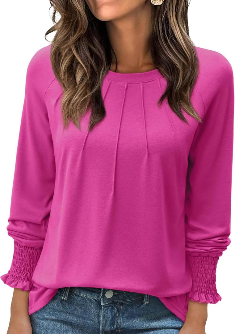 Long Sleeve Shirts for Women 2026 Spring Dressy Casual Blouses Pleated Crewneck Tunic Tops for Leggings Cute Tee (XX-Large, Hot Pink)