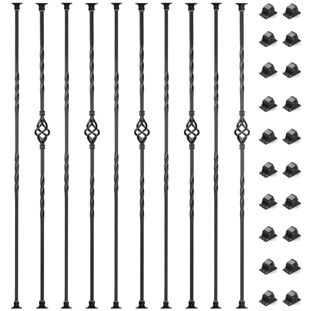 10 Pack Staircase Balusters, 1/2" x 43.8" Hollow Single Basket and Double Twist Iron Balusters for Staircase Indoor with 20 Swivel Shoes