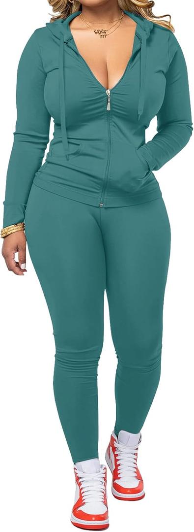 Women Two Piece Outfits Workout Sets Bodycon Legging Jacket Tracksuit Zip Up Hoodie Jogger Matching Sweat Pants Set, Medium