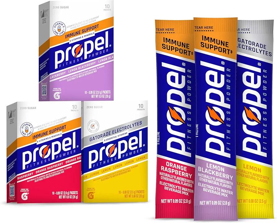 Propel Immune Support Electrolyte Enhanced Water Drink Mix Powder Packets, Variety Pack, 100% DV Vitamin C, Good source of Zinc, Zero Sugar Hydration with Electrolytes and Vitamins (30 Packets), Best By 02/20/2026