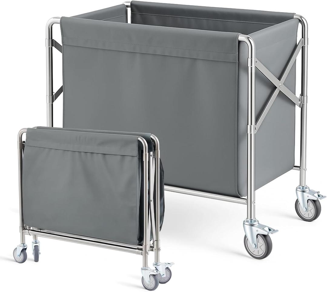 Collapsible Laundry Cart with Wheels, 12 Bushel (400L) Commercial Hamper Basket Large Heavy Duty Rolling Laundry Basket for Home Organizer Storage, Foldable Truck, Gray, 33.5 x 17.7 x 33.5 inches