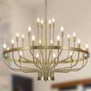 Gold Chandelier 24 Light Large Chandelier for High Ceilings, Farmhouse Wagon Wheel 39in 3-Tier for Dining Room, Hallway, Living Room, Foyer