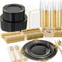 Nervure 350PCS Black Plastic Plates - Black Plastic Dinnerware Sets for 50 Guests - 100 Disposable Plates, 150 Gold Silverware, 50 Cups, 50 Napkins for Wedding & Party & Halloween