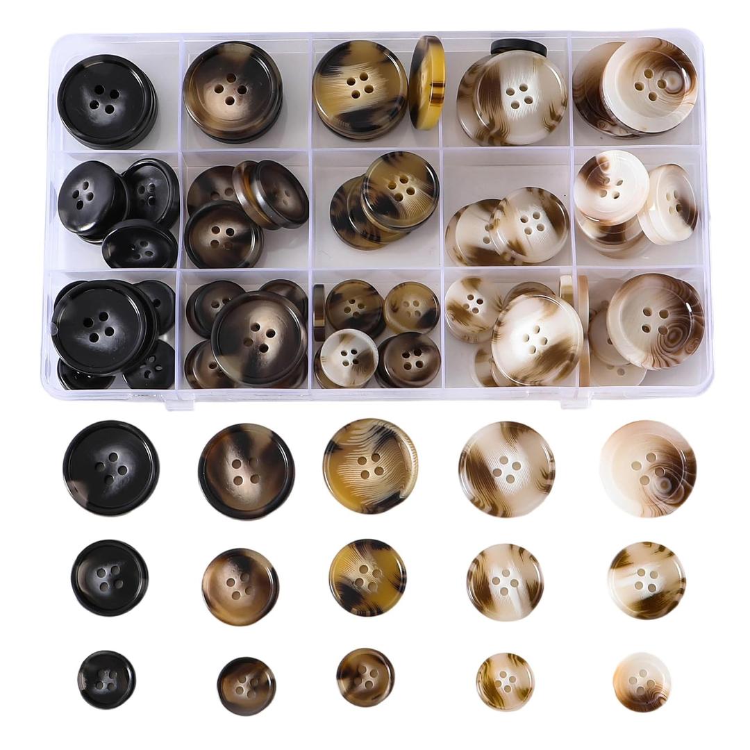 110-Piece Resin Sewing Buttons Set, 4-Hole Round Buttons, 15mm/20mm/25mm, 5 Colors for Blazers and Coats Brown/Black