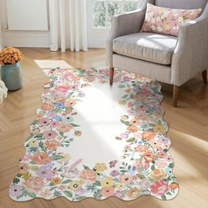 Wonnitar Washable 3x5 Bedroom Rug, Soft Camellia Floral Area Rugs for Living Room, Non Slip Boho Flower Nursery Rug Scalloped Throw Carpet for Kids Room Bedside Entryway Laundry Room (Beige,3'x5')