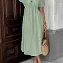 Chouyatou Women's Summer Boho V-Neck Cotton Tunic Dress Casual Loose Short Sleeve Midi Long Beach Dress (Green, XL)