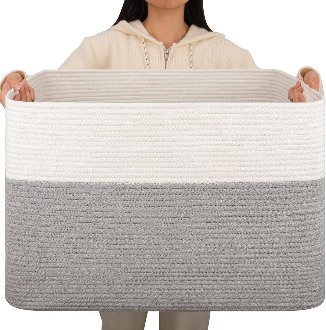 OIAHOMY 108L Extra Large Blanket Basket, 25x16x16 Laundry Basket, Blanket Storage for Living Room, Dog Toy Storage with Handle - Grey & White