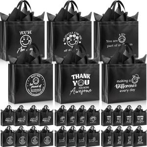 Sunnymove 24 Pcs Large Thank You Gift Bags with Handle and 24 Tissue Paper Bulk 13 x 11 x 4.7 Inch Non Woven Employee Appreciation Reusable Gift Bag with Handle for Staff Teachers Nurse(Black)