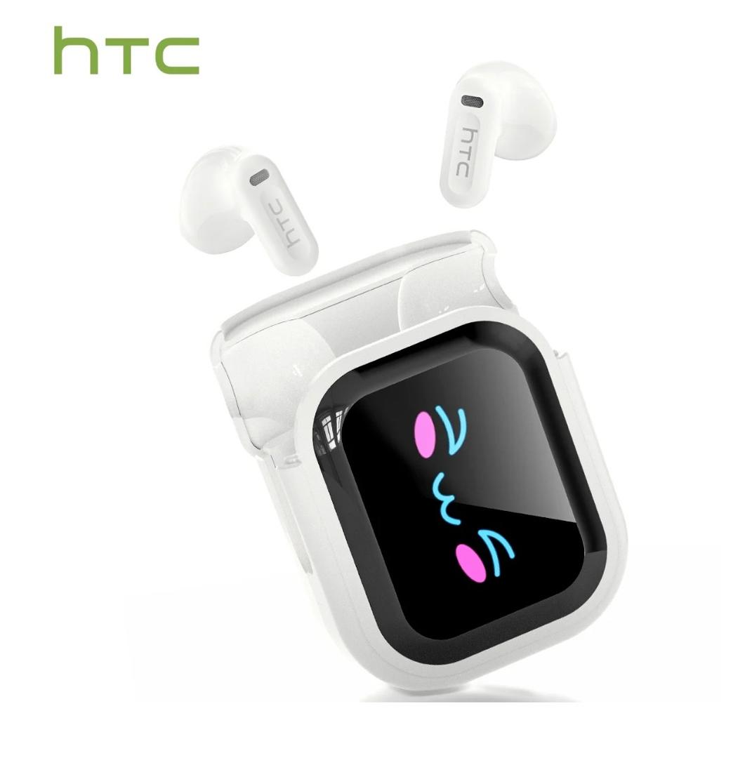 Open In-Ear AI Translation Wireless Earbuds - HTC NE20 Bluetooth 6.0, 130+ Language Translator, IPX5 Sweatproof for Running/Business, With LED Touch Screen, Beige white