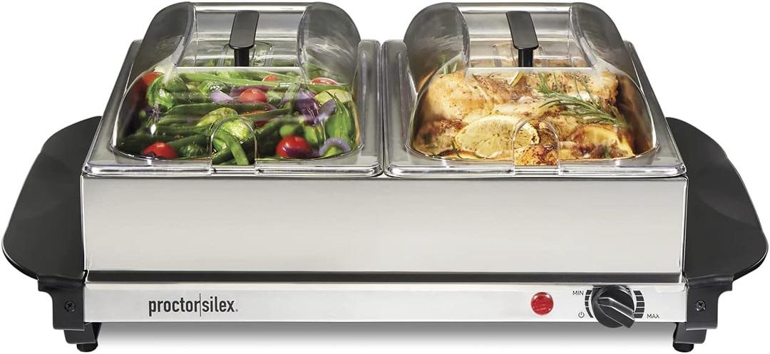 Proctor Silex Buffet Server & Food Warmer, Adjustable Heat, for Parties, Holidays and Entertaining, Two 2.5 Quart Oven-Safe Chafing Dish Set, Stainless Steel
