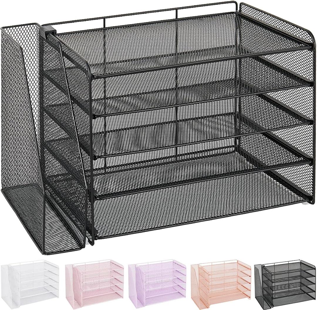OPNICE Desk Organizer, 5-Tier Paper Organizer Letter Tray with Magazine Holder, Office Desk Accessories & Workspace Organizers, Desktop File Organizer for Office Supplies Storage, Black (15.5" x 9" x 10.3")