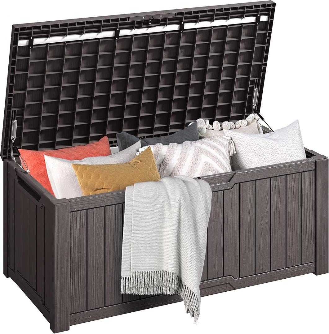 DWVO 120 Gallon Outdoor Storage Deck Box, Weather-Resistant Resin, Versatile for Patio Furnishings, Outdoor Cushions, Garden Tools, and Sports/Pool Gear (Dark Brown)