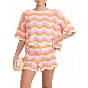 2 Piece Sets for Women Short Sleeve Striped Crochet Cover Up Tied Shorts Beach Clothes (White, S)