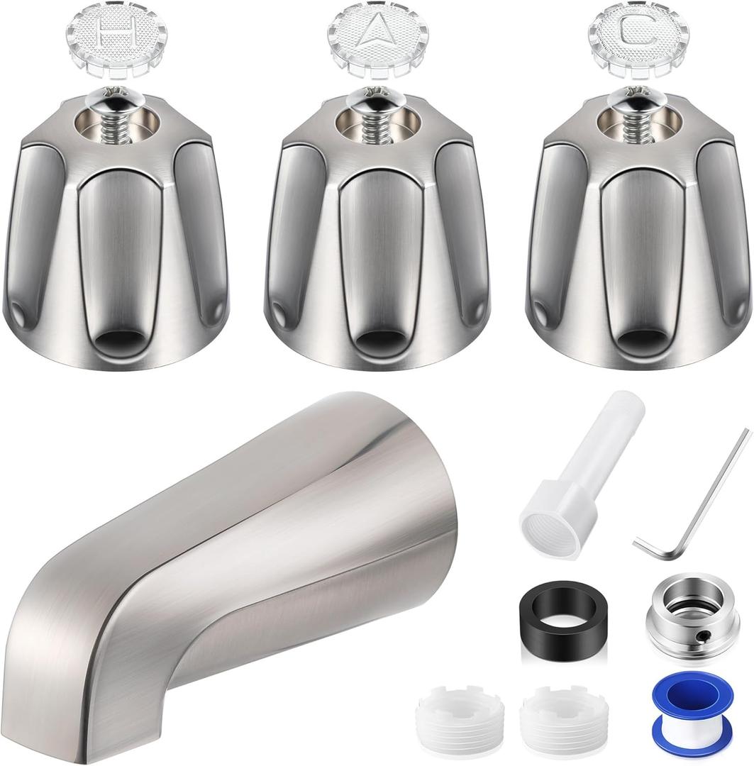 Enhon 3 Handle Shower Faucet Set Compatible with Pfister Verve Bath Tub Tool, Shower Knob and Bathtub Faucet Fits 1/2'', 3/4'' IPS Connection With 4 in 1 Spout Adapter Assembly Tool(Brushed Nickel)