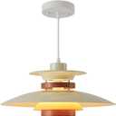 EFINEHOME Modern Decor Adjustable Pendant Lamp Kitchen Island, Aluminum and Wood Finish,1-Light E26 Base Ceiling Hanging Light for Dining Room Shop Restaurant (Beige+Dark Wood Grain, 40cm)