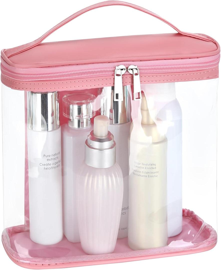 Heavy Duty Leak Proof Clear Travel Bags for Toiletries, Transparent Makeup Cosmetic Bag with Zipper and Handle (Large, 1PCS Pink) 