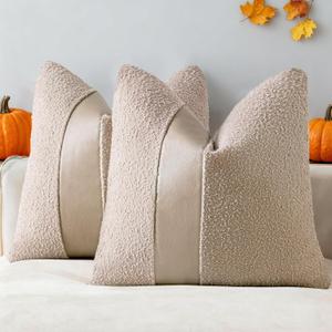 Laolitou 2 Pack Boucle Pillow Covers 18x18 Inch with Faux Leather Accents Pillow Cases Cosy Soft Decorative Pillows for Sofa Couch Bed Chair Bedroom Living Room Home Decor, Oatmeal