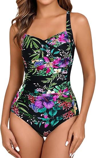 Itzel Women's Ruched Twist Front One Piece Swimsuit Tummy Control Push Up Vintage Retro Bathing Suits, Size: 14