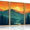 HOURIA Large Sunrise Mountain Forest Landscape Framed Canvas Wall Art Set, Orange Sky Green Ridge Wall Decor, Nature Pine Tree Artwork, Boho Watercolor Art Print for Living Room, Bedroom- 16"x24"x3