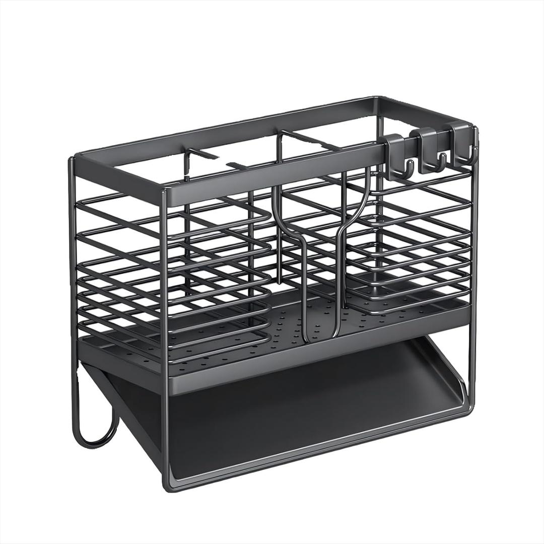 Draining Dish Rack with Cutlery Drainer & Utensil Holder - 3-Tier Steel Organizer, Self-Draining Tray, Space-Saving for Countertops (Gray)