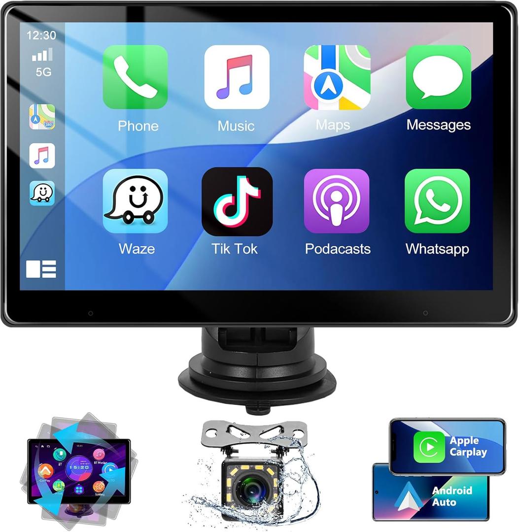 podofo Portable Car Stereo with Wireless Apple Carplay, 10.1" Touch Carplay Screen for Car Bluetooth Audio Receivers Smart Player with Android Auto Backup Camera, GPS Navigation, Mirror Link, AUX/FM