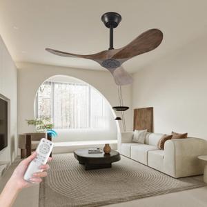 QWO 36" Outdoor Ceiling Fan No Light,Solid Wood Small Bedroom Ceiling Fans Without Lights, Outdoor Ceiling Fans For Patios, Porch and Living room,High Cfm DC 3 Blade Modern Ceiling Fan With Remote (Apricot Gray)