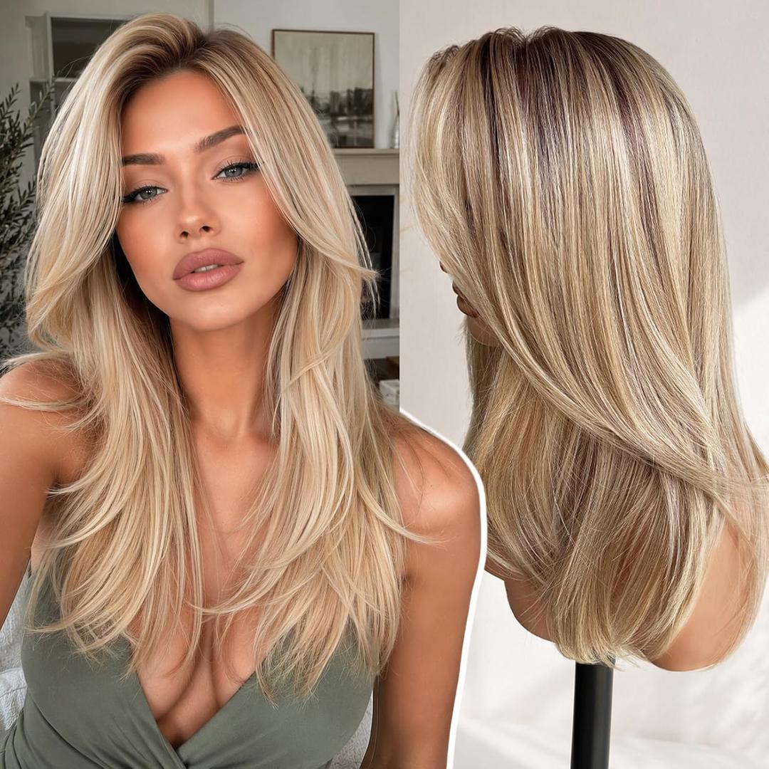 KOME Ash Blonde Highlight Synthetic Lace Front Wig, 13X4 HD Lace Glueless Medium Length Layered Straight Wigs for Women Daily Use 20IN #TT6/1603