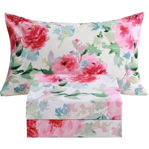 JSD Watercolor Rose Floral Sheet Set Twin Size, 3 Piece Soft Printed Microfiber Sheets Extra Deep Pocket