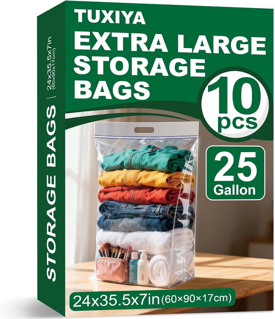 10 PACK 25 Gallon Extra Large Storage Bags, 35.5"x 24"x 7" Resealable Clear Zipper Bags with Handle, Heavy Duty Big Bag for Clothes Pillow Travel Moving, Expandable Bottom, 8 Mil Thick