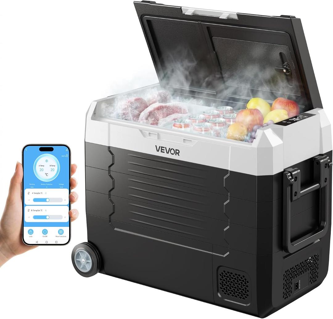 VEVOR Car Refrigerator, DC 12/24V AC100-240V Compressor Electric Cooler, -4F to 68F Truck Refrigerator with APP Control, Wheels & Dual Zone, 48 QT Cars Cooler for RVs, Boats, Camping, Fishing