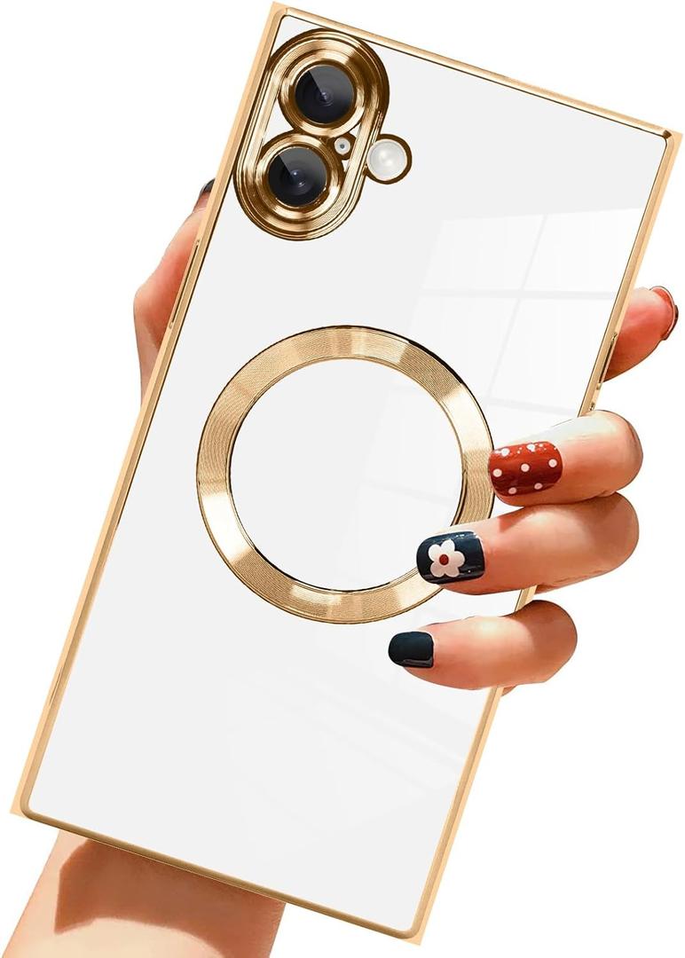 LSL Case for iPhone 16 [Compatible with MagSafe] Soft TPU Bumper Anti-Drop Anti-Scratch Shock Absorption Protective Slim Luxury Plating Magnetic Cover for Women Girls Men - White