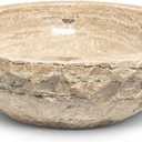 Round Bowl Travertine Vessel Sink, Natural Stone Wash Basin, Hand-Carved Bathroom Sink, Chiseled Exterior, Polished Interior, Above Counter Vanity (Soap Tray Included)