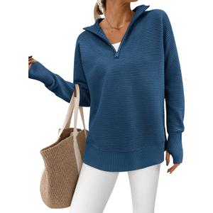 PRETTYGARDEN Womens Long Sleeve Quarter Zip Pullover Sweater Casual Loose V Neck Collared Ribbed Knit Jumper Tops Thumb Hole (X-Large, Dark Blue)
