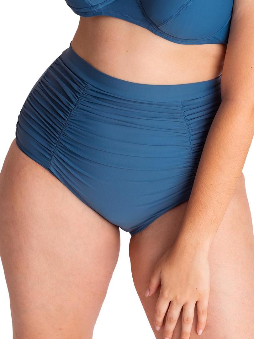 SHAPERMINT Women Ruched High Waisted Bikini Bottom Swimsuit, Tummy Control Full Coverage Swimwear, Small to Plus Size (3X-Large, Ocean Blue)