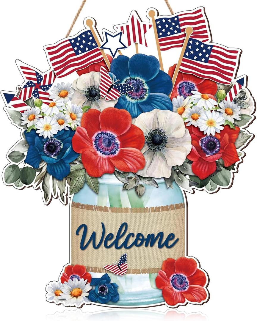 Independence Day Welcome Door Sign Patriotic Door Hanger USA Flag 4th of July Wood Hanging Porch Sign for Farmhouse Porch Front Door Memorial Day Wreath Decor
