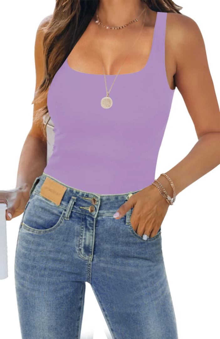 KEEPBEAUTY Womens Tank Tops Dressy Summer Sleeveless Shirts Sexy Square Neck Double Lined Fitted Tops T Shirts Blouses Purple L