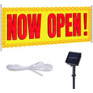 Solar Large Now Open Banner, 3x8 ft Polyester Open Sign with Warm White Led Lights, Single-Sided Outdoor Indoor Signs with Rope Metal Grommets for Business Hanging