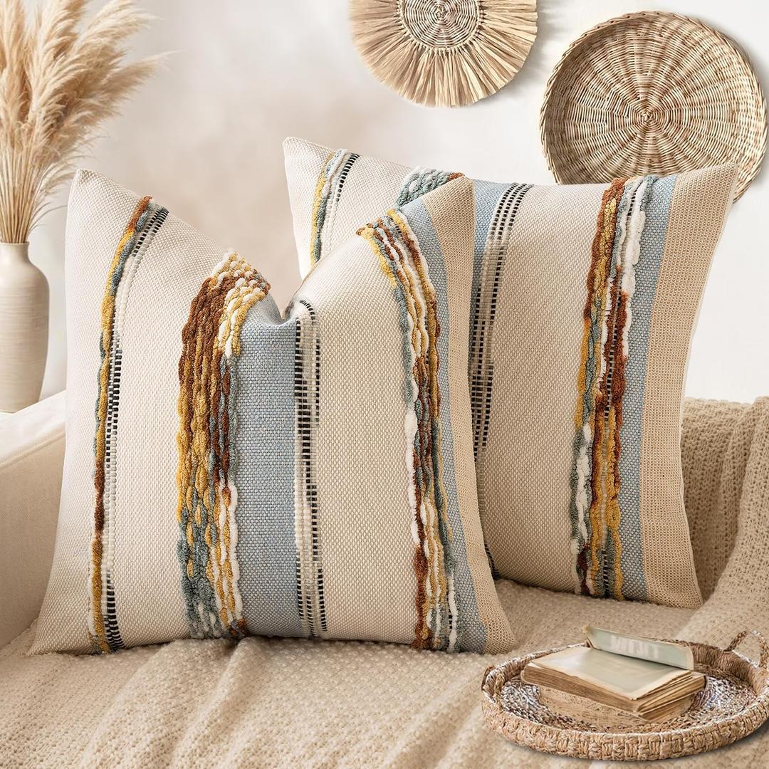 ANRODUO Pack of 2 Boho Decorative Throw Pillow Covers 20x20 Farmhouse Cushion Case Striped Chenille Pillow Cases Square Pillow Covers Accent Neutral Pillowcase for Sofa Couch Bed, Blue-Earth Tones