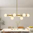 Glass Globe Sputnik Chandelier, 8-Light Mid Century Modern Chandeliers, Dining Room Chandelier Over Table with Milk White Glass, 33" Linear Chandeliers for Dining Room, Kitchen Island-Gold