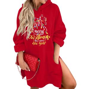 KIMSOONG Womens Christmas Dress Xmas Tree Sweatshirt Dress Drawstring Hoodie Oversized Casual Split Hem Tops with Pocket, Large