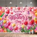 Mother's Day Backdrop Happy Mother's Day Party Decor Banner Supplies Heart-Shaped Balloon Floral Tulip Butterfly Pink Photography Backdrop,Holiday Wall Decor for Indoor Outdoor Garden Yard 7x5ft