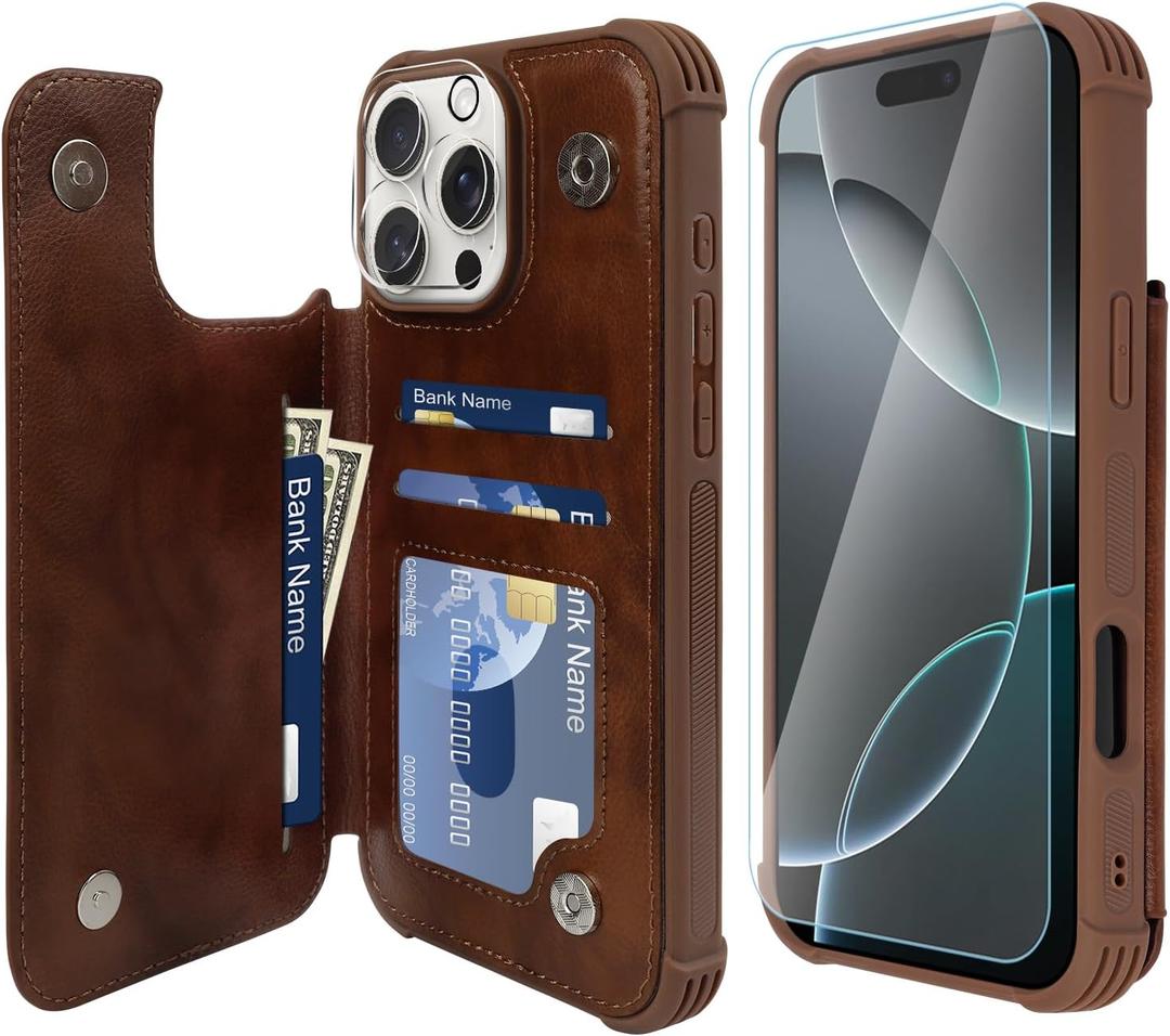 VANAVAGY Compatible for iPhone 16 Pro Max Wallet Case with RFID Blocking Card Holder, PU Leather Flip Cover Magnetic Clasp Kickstand Card Slots Case with Screen Camera Protector,Brown