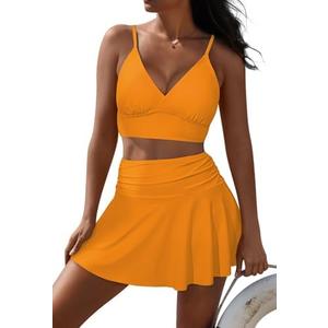 Pink Queen Women's High Waisted Bikini Set Two Piece Swimsuit V Neck Spaghetti Straps Swim Skirt Bathing Suit, XL. Orange