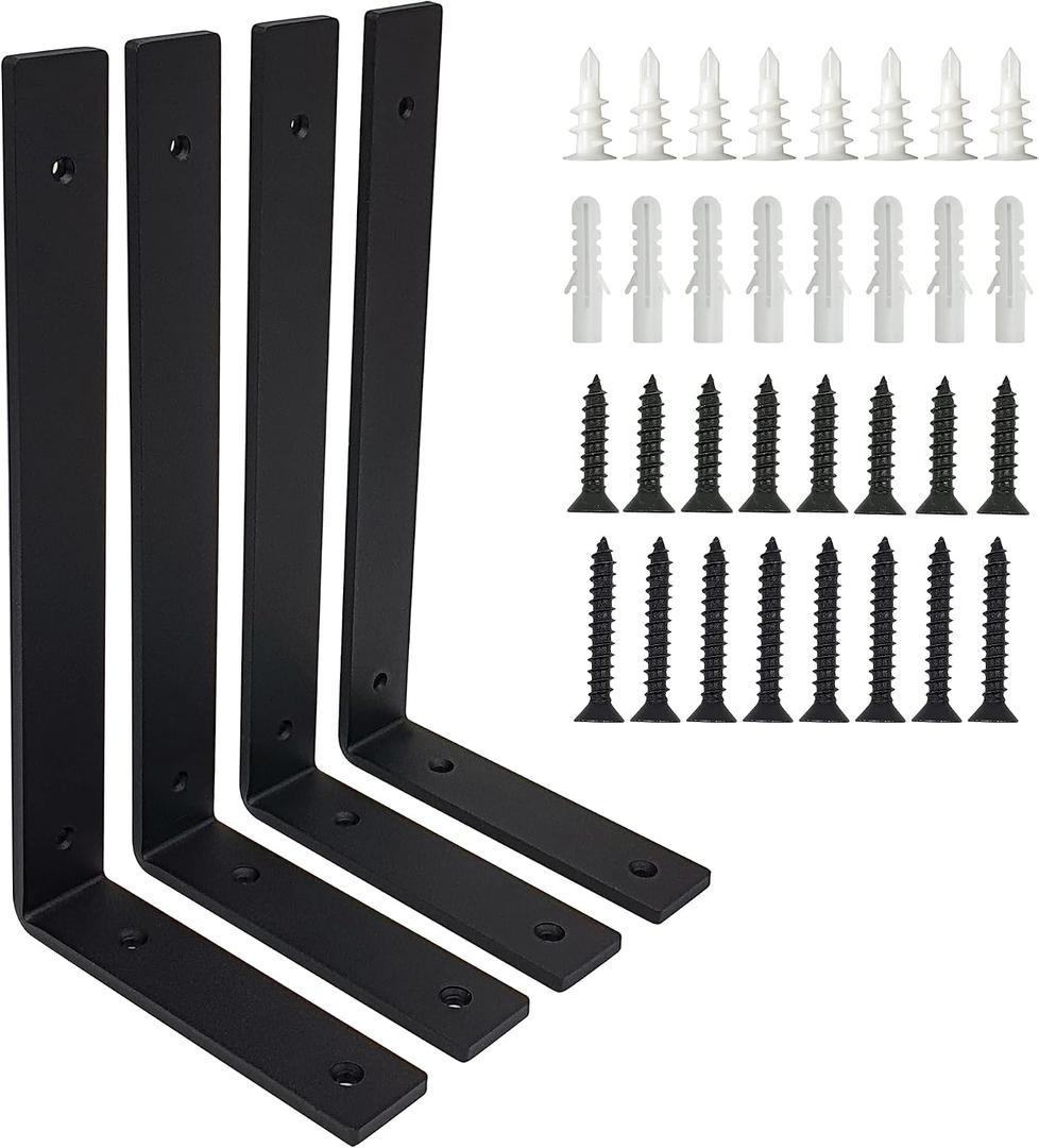 1/4" Thick Heavy Duty Shelf Brackets, 12.25"X6.25", 4 Pack, Max. 110lb, 0.25"Thk Metal Rustic Farmhouse Cottage Wooden Floating Shelves Bracket, Industrial Wall Corner Mount, w/Screws and Wall Anchors