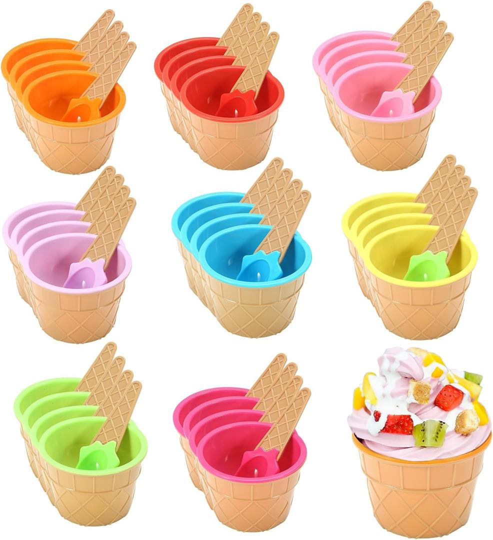 VZZNN 32 Pack Ice Cream Bowl Set, Colorful Sundae Cups with Spoons, Reusable Plastic Party Bowls for Ice Cream, Frozen Yogurt, Candy - Perfect for Birthday Parties, Sundae Bars, Gift Bags