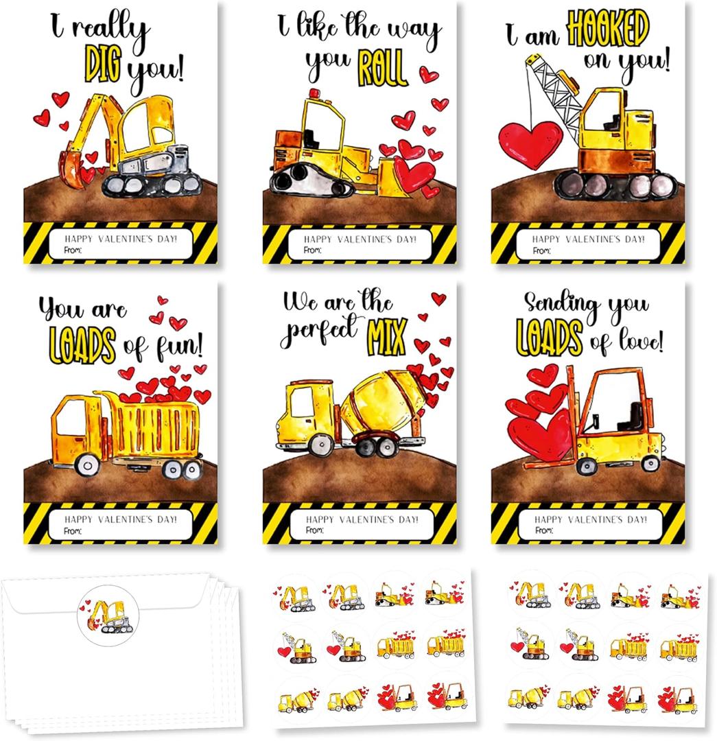 3 x Construction Valentines Day Cards Gifts for Kids School, 24 Pack Construction Truck Valentine Classroom Exchange Cards for Boys Girls