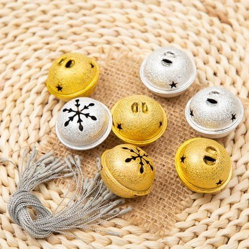 Pack of 2 Luyoaozy 30PCS Jingle Bells 1.6 Inch Star Design Christmas Craft Bells for Tree Holiday DIY Home Decorations (Gold Silver Snowflake)