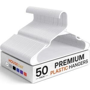 HOUSE DAY Plastic Hangers 50 Pack - White Clothes Hangers with Non-Slip Shoulder Grooves, Durable and Sturdy Coat Hanger, Space Saving Slim Design Perfect for Closet Organizers and Storage